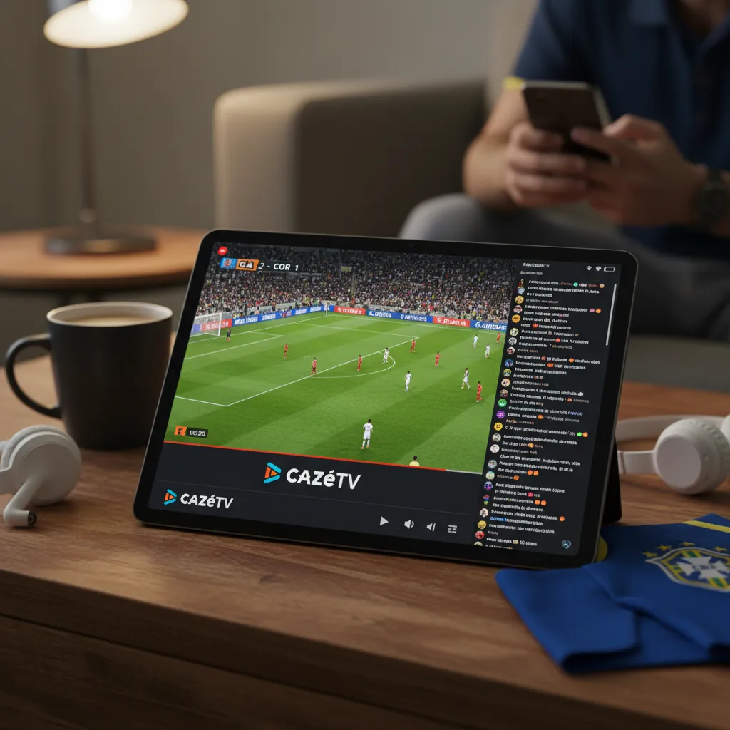 Casimiro Miguel, apresentador da CazéTV, em estúdio de transmissão ao vivo de jogos de futebol.