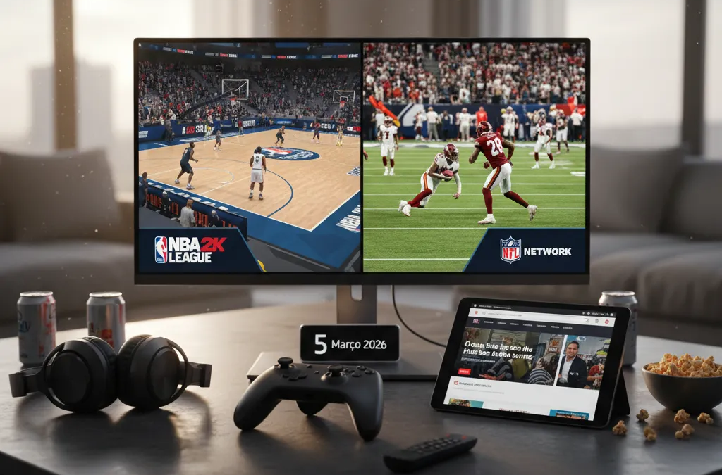 Tela de TV com jogos da NBA, NFL e eSports NBA 2K ao vivo, mostrando onde assistir e acompanhar hoje.