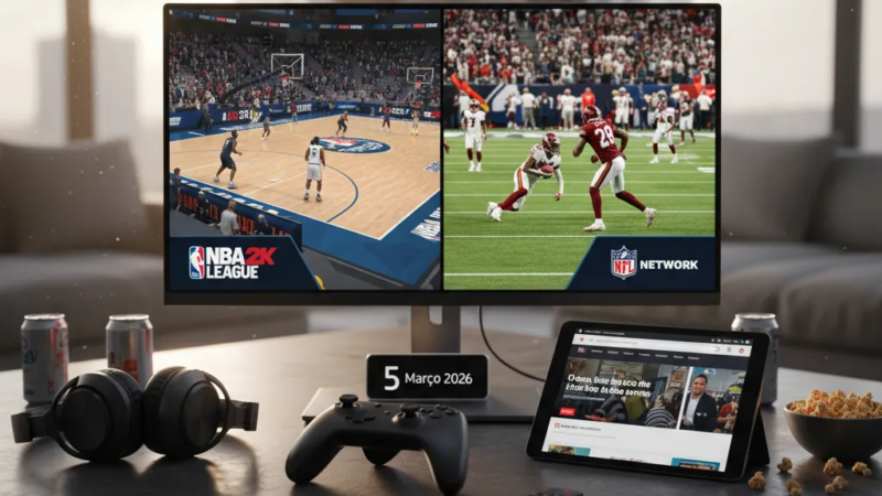 Tela de TV com jogos da NBA, NFL e eSports NBA 2K ao vivo, mostrando onde assistir e acompanhar hoje.