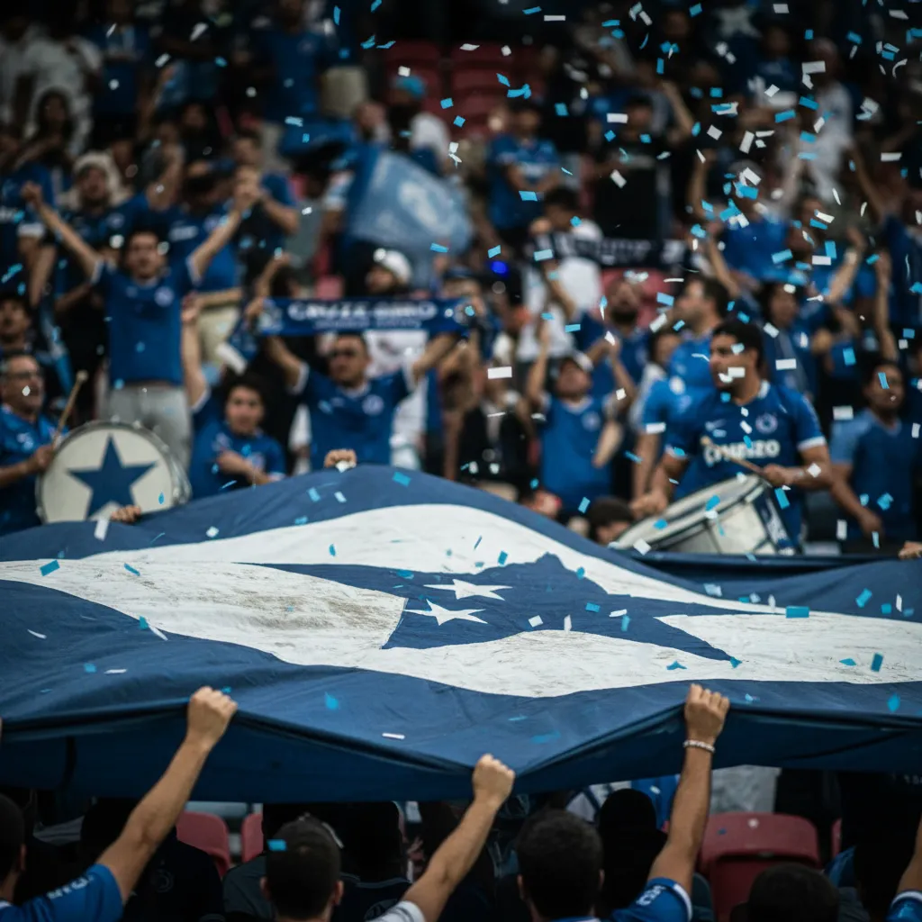 Multidão de torcedores do Cruzeiro, a China Azul, em um estádio, com bandeiras e camisas azuis, celebrando.