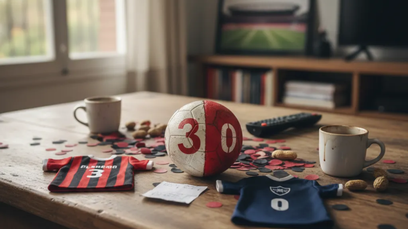 Jogador do Flamengo em campo, braços erguidos, celebrando o resultado do jogo do Flamengo. Foco na emoção da vitória.